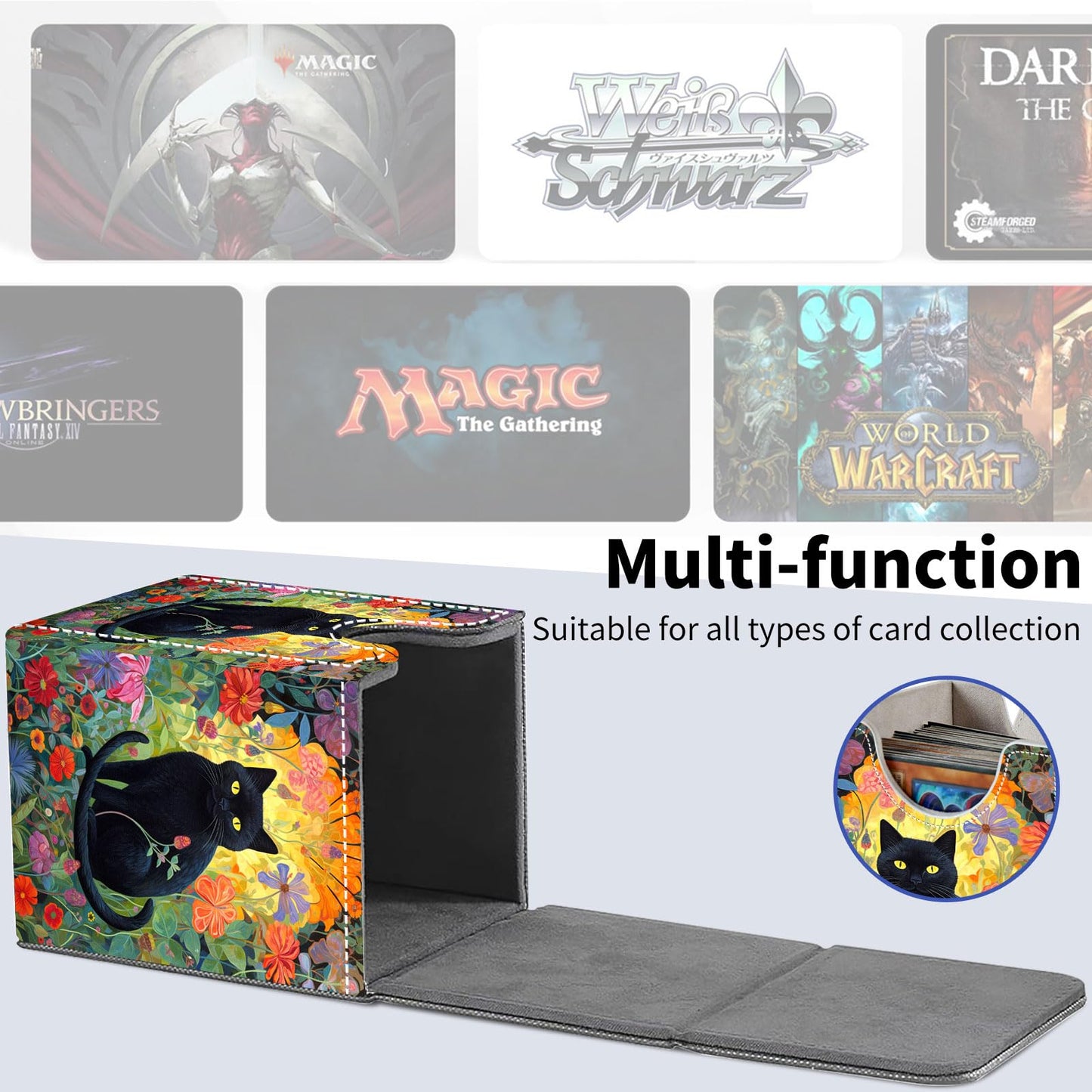 Qindaiwen Card Deck Box for Trading Cards, MTG Deck Box Fits 100+ Single Sleeved Cards, PU Leather Strong Magnet Card Deck Case Holder for Magic Commander TCG CCG, Cat Floral