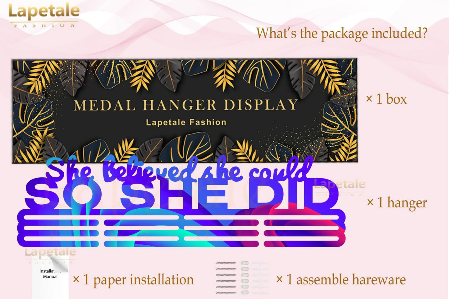 Lapetale Fashion She Believed She Could SO SHE DID Medal Hanger Display,Gymnastics Medal Holder for Girls,Medal Holder Upgraded New for Sports,Cheer,Gymnastics,Soccer,Softball,Marathon