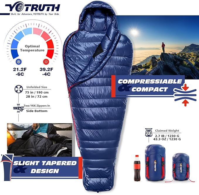 Lightweight Down Mummy Sleeping Bag with 650-FP Duck Down, Ideal for Camping and Backpacking, Durable Ripstop Nylon, Comfortable Footbox, 20°F, 2024