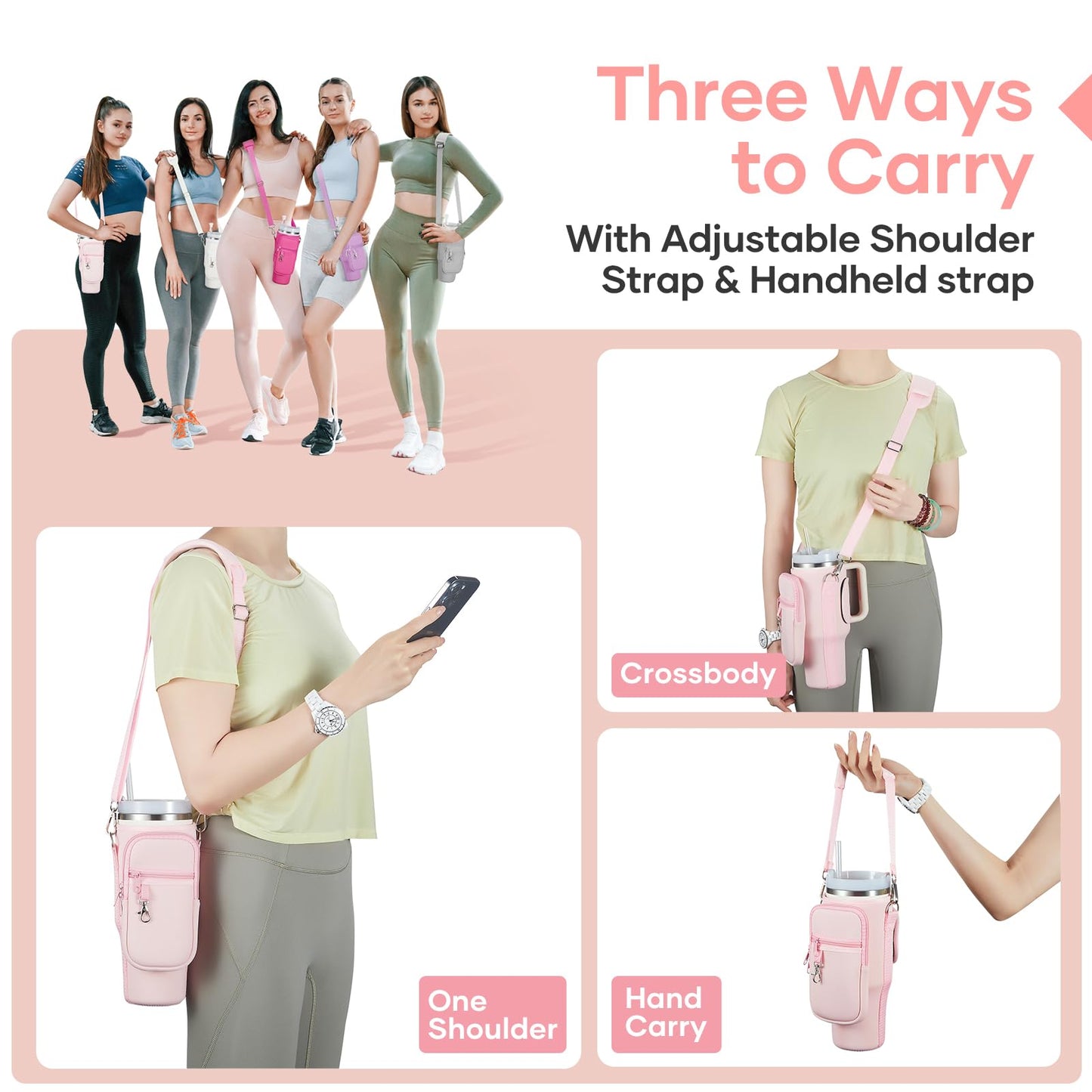 linmaya Water Bottle Carrier Bag with Phone Pocket for Stanley 40/30 oz Tumbler Neoprene Water Bottle Holder Pouch with 2 Adjustable Strap & 3 Leak Stoppers for Stanley Cup Accessories