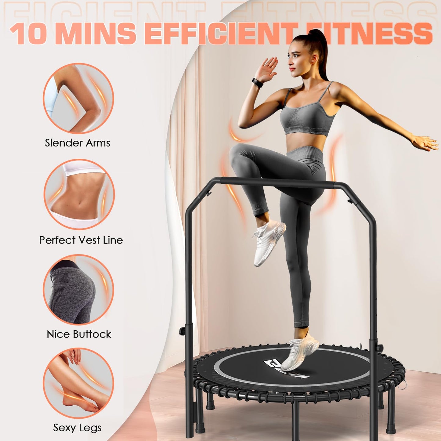 BCAN 450 LBS Foldable Mini Trampoline, 40" Fitness Trampoline with Adjustable Handle Bar, Bungees, Stable & Quiet Exercise Rebounder for Kids Adults Indoor/Garden Workout-Silver