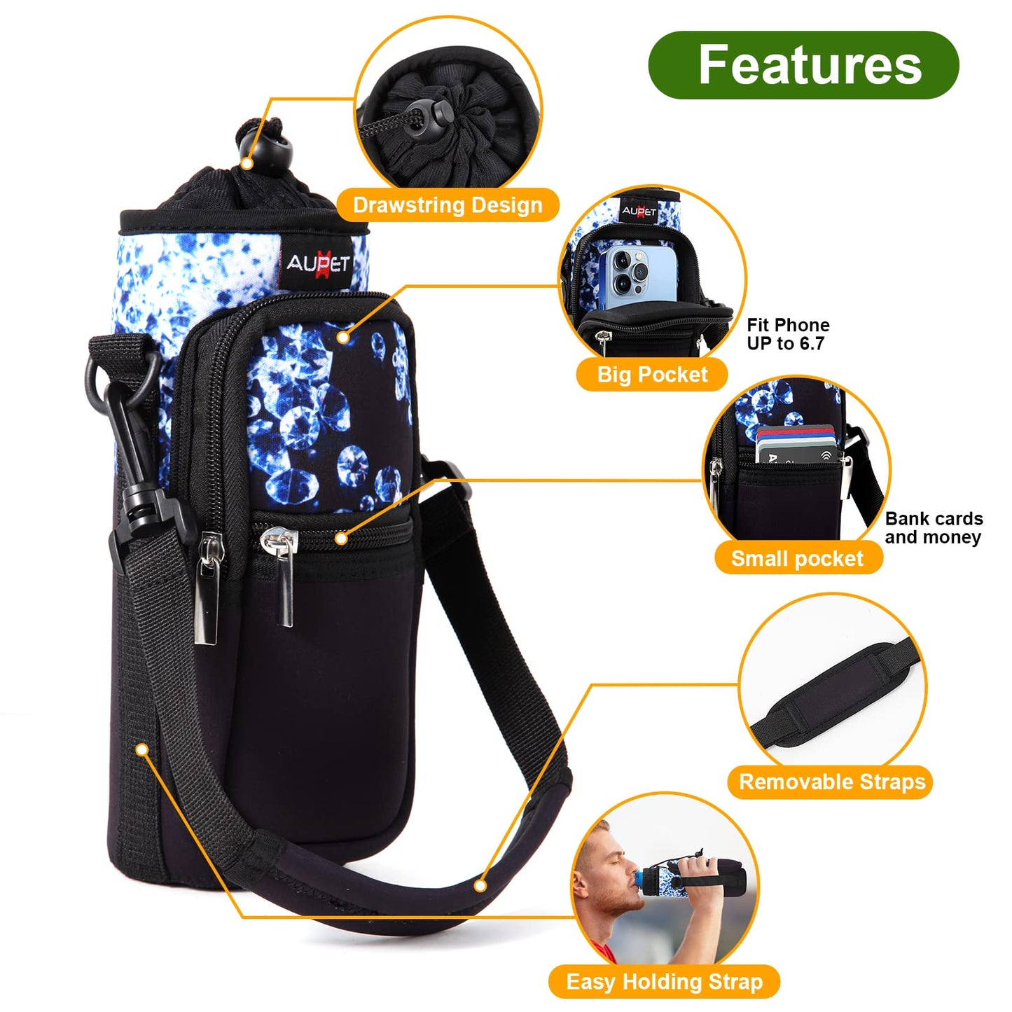 AUPET Water Bottle Sling Bag Sleeve Holder Carrier 25/32/40/64 oz,Insulated Crossbody Water Bottle Case Cover with Strap and Pockets for Men/Women Walking Hiking Camping (25oz, shinning Diamonds)