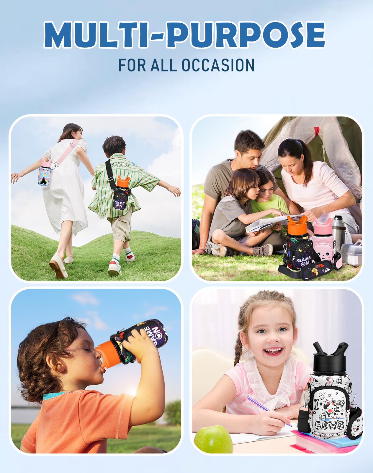 Miss Adola Water Bottle Carrier with Strap Cartoon Water Bottle Bags Holder for Kids Boys Girls Neoprene Insulated Bottle Bag for 10/12/14/16/18Oz Stainless Steel Glass Bottles Sleeve, Black Game On