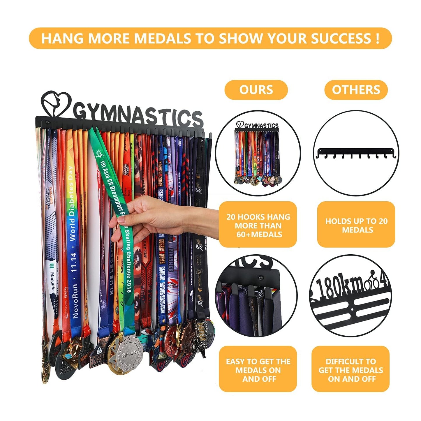Goutoports Gymnastics Medal Holder - Medal Hanger Display - with 20 Hooks Hold Up 60 Medals - Equipped with Mounting Accessories Easy to Install Easy to Use