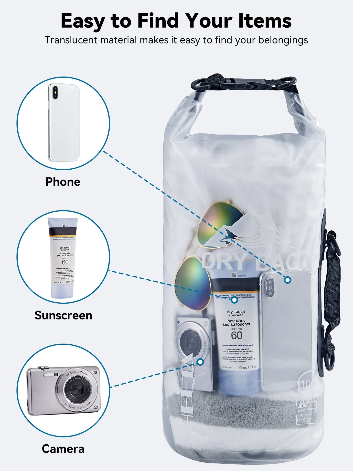 HEETA Waterproof Dry Bag for Women Men, Roll Top Lightweight Dry Storage Bag Backpack with Phone Case for Travel, Swimming, Boating, Kayaking, Camping and Beach, Transparent White 5L