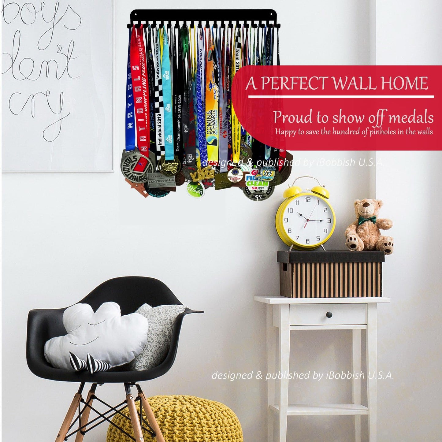 iBobbish Medal Hanger Holder Display Rack with 20 Hanging Hooks,Gymnastics Medal Holder For Wall with 16inchL,Upgraded Gymnastics Medal Holder with Simple Design For Girls & Boys in Black