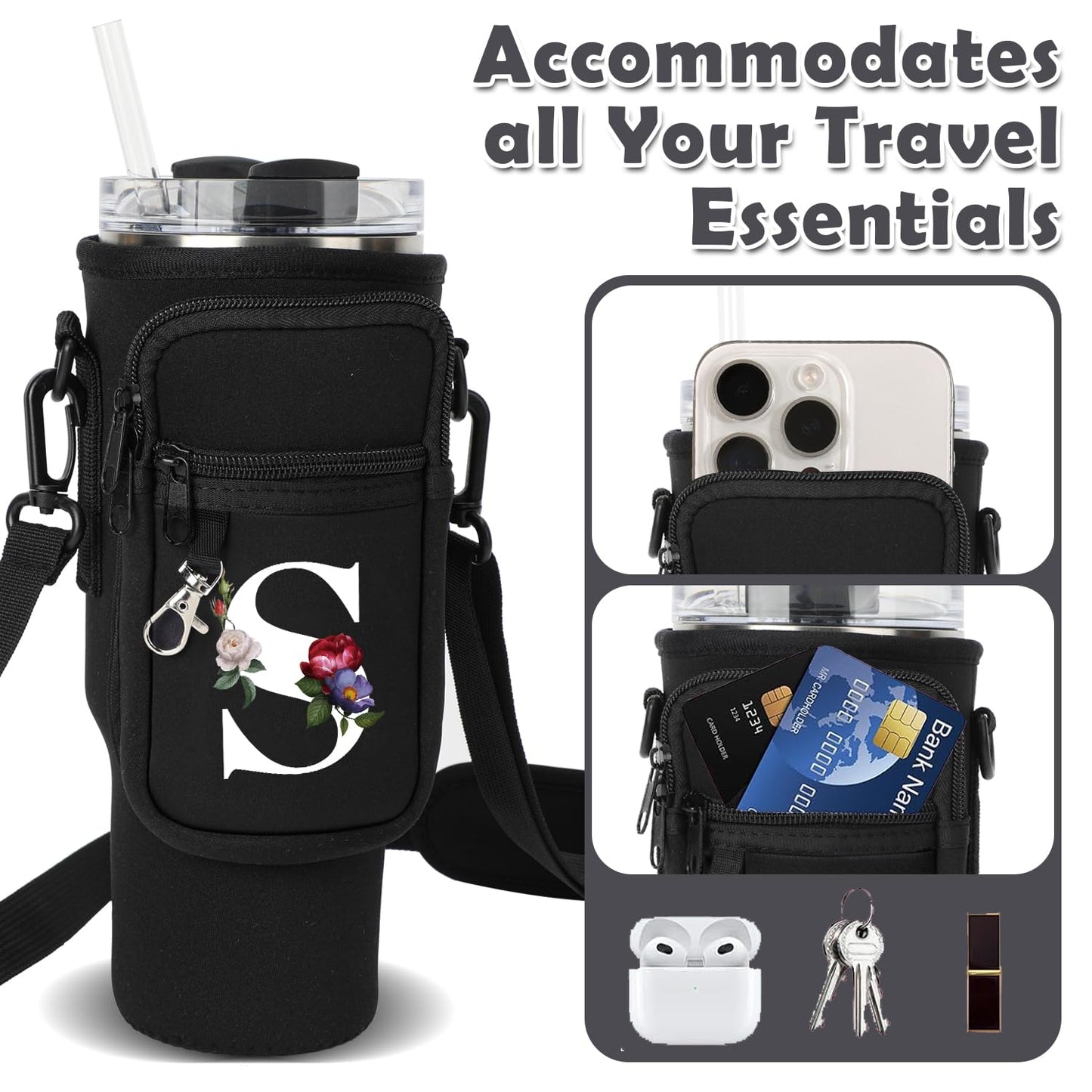 Water Bottle Carrier Bag with Strap Pouch for Stanley 40 oz Tumbler Cup Accessories, Neoprene Water Bottle Holder Phone Pocket Personalized Initial A-Z Flower Design Mother's Day Gift (S, Black)