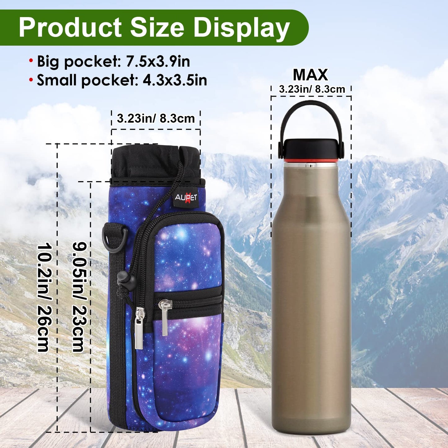 AUPET Water Bottle Sling Bag Sleeve Holder Carrier 25/32/40/64 oz,Insulated Crossbody Water Bottle Case Cover with Strap and Pockets for Men/Women Walking Hiking Camping (25oz, purple starry sky)