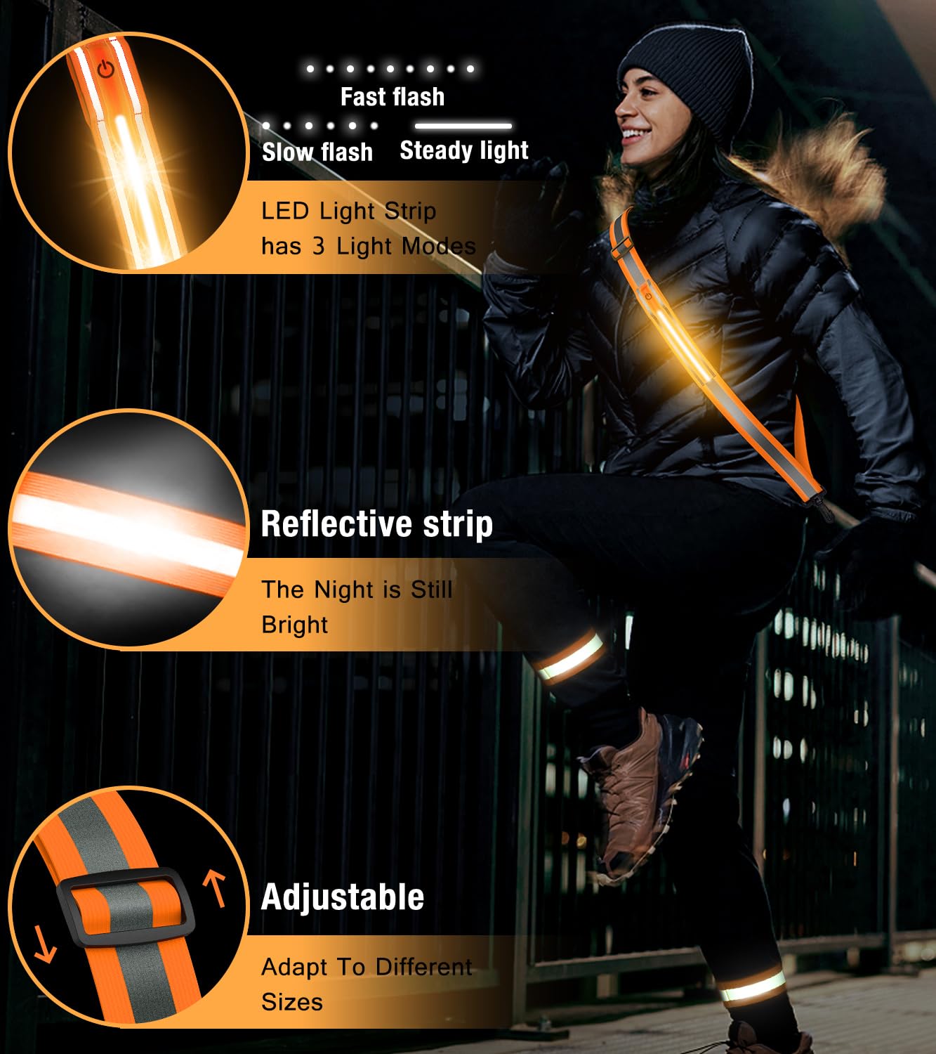 LED Reflective Running Gear High Visibility Reflective Belt Sash with Armband for Walking at Night,Adjustable Running Safety Gear Light Up Running Belt for Runners Walkers Men Women (Orange)