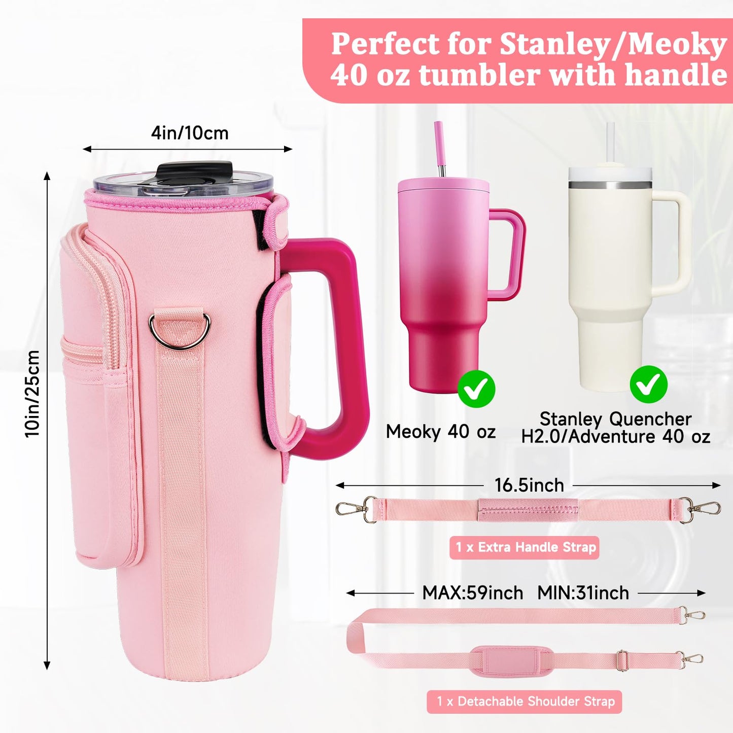 Water Bottle Carrier Bag with Phone Pocket Compatible with Stanley/Meoky 40 oz Tumbler with Handle,Neoprene Water Bottle Holder Pouch with Adjustable Strap Compatible with Stanley Cup Accessories,Pink