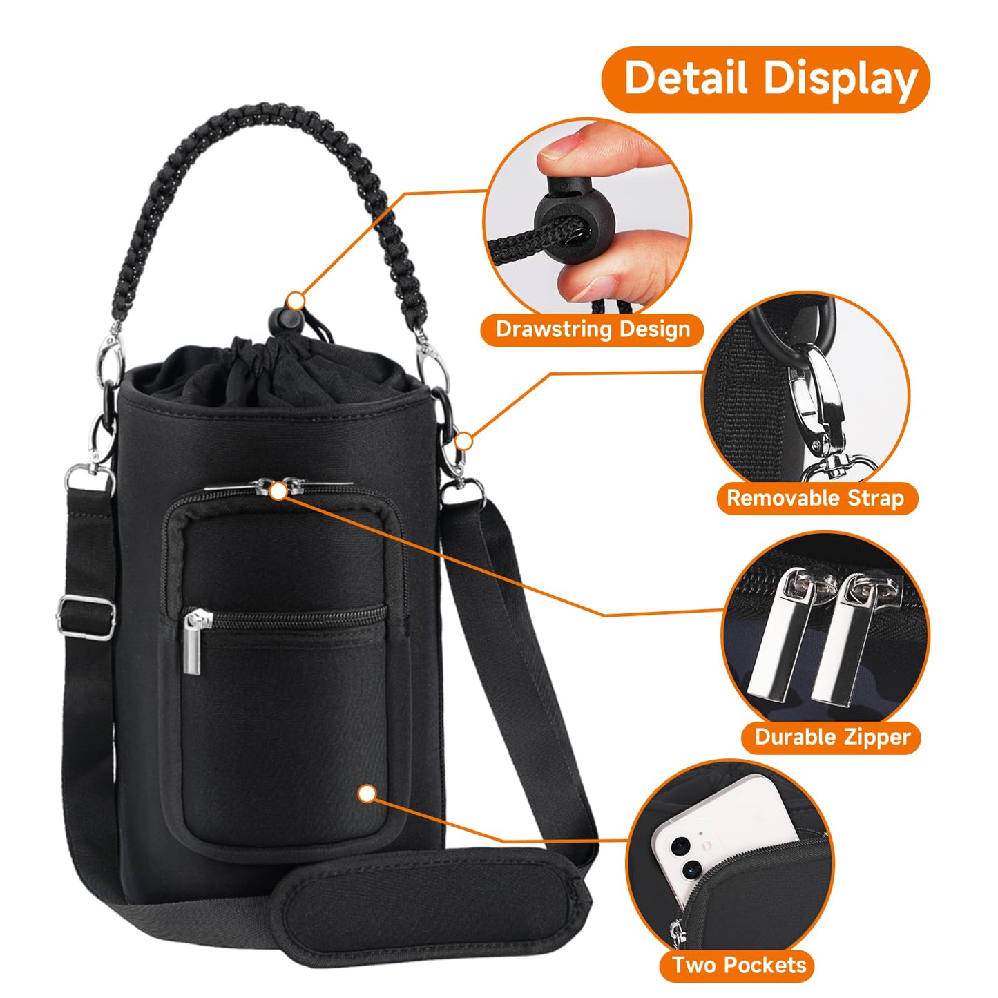 AceTreker 64 oz /87 oz/128 oz Neoprene Water Bottle Sleeve for Insulated Metal Water Jug Bottles, Carrier Sling Bag with Adjustable Shoulder Strap & Paracord Handle and 2 Pocket for Walking-Black
