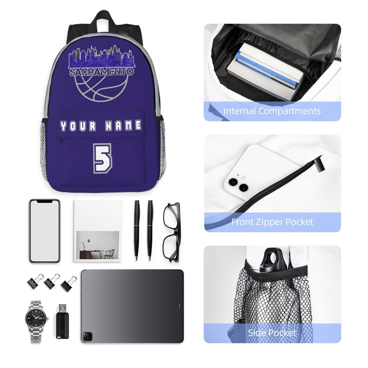 Jvpprds Sacramento Custom Backpack for Boys Personalized Schoolbag Customized Bag with Name Numbers Fans Gifts