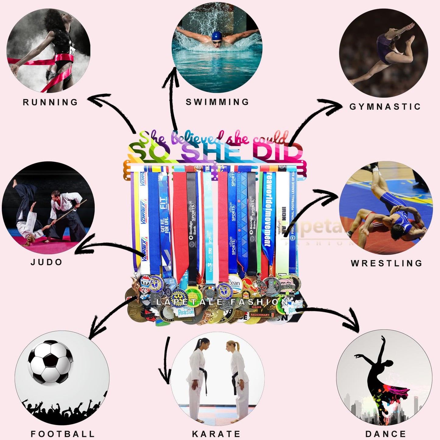 Lapetale Fashion Medal Hanger Holder Display Wall Rack Frame Shelf in 16" long-Medal Hanger Awards Ribbon Cheer,gymnastics,soccer,softball Holder Display Custom Rack for Sports Medals Easy to Install