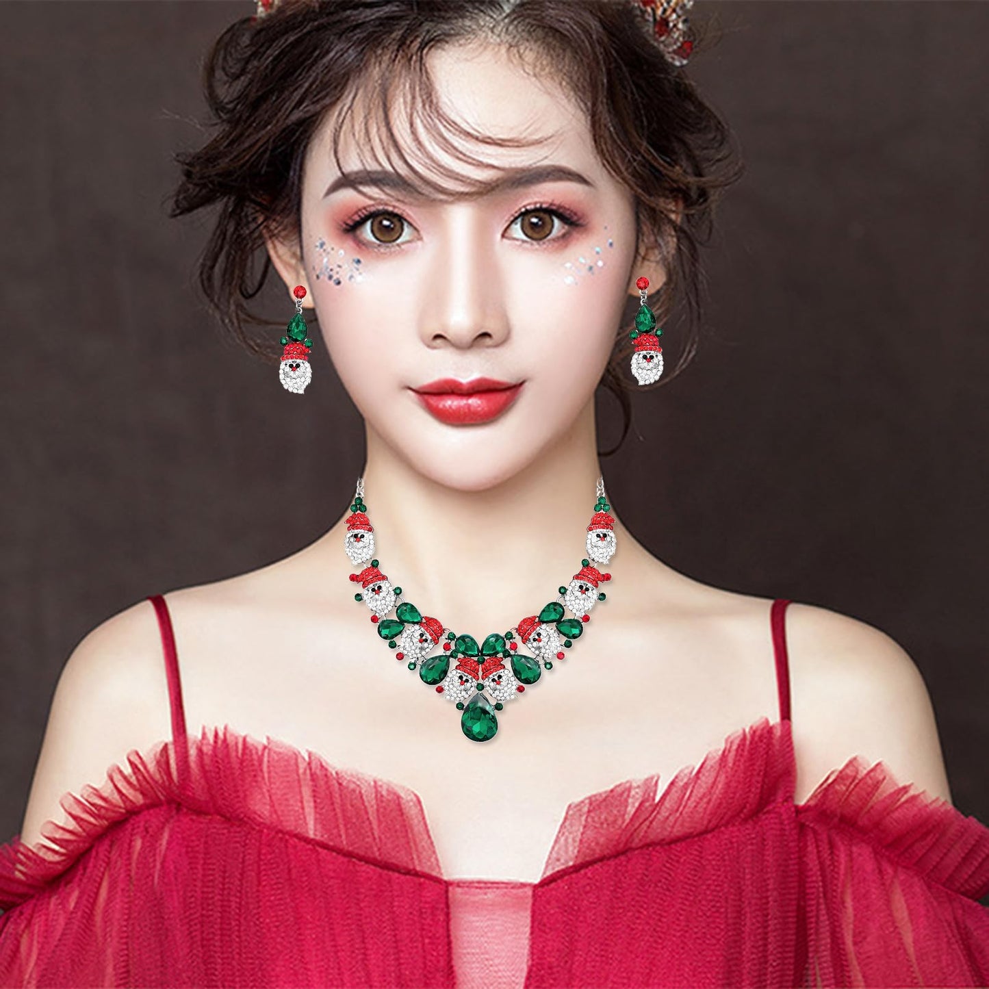 chaoyite Christmas Statement Necklace Dangle Earrings Santa Clause Crystal Jewelry Set Xmas Gifts Festive Costume Accessories for Women (Style1-Platinum Plated)