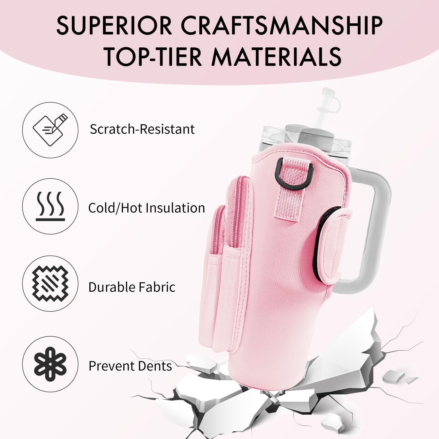 JEBEALUO Water Bottle Carrier Bag with Phone Pocket for Stanley Cup 40/30 oz, Water Bottle Holder with Adjustable Strap& Straw Cover, Stanley Cup Accessories (Pink)