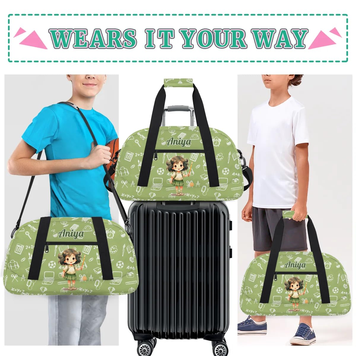 Personalized Gym Bag for Kids Girls, Cartoon Girl Pencil Custom Small Duffel Bag with Padded Handles Carry On Weekend Travel Bag for School Practice Ball Games