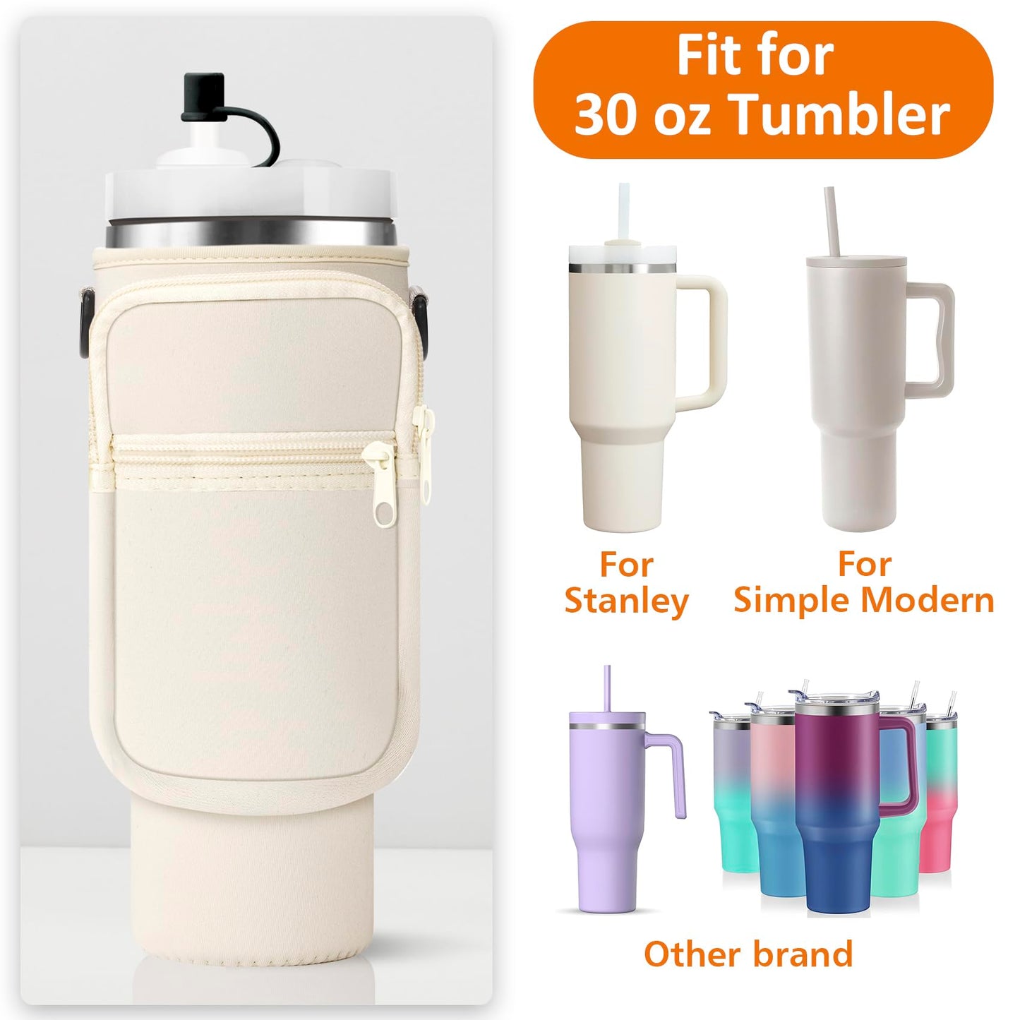 AceTreker Water Bottle Sleeve Bag with Paracord Handle for Stanley 30/40 oz Tumbler Insulated Thermos Cup Carrier Sling with Phone Pocket & Straw Cover for Stanley Cup Accessories-Cream