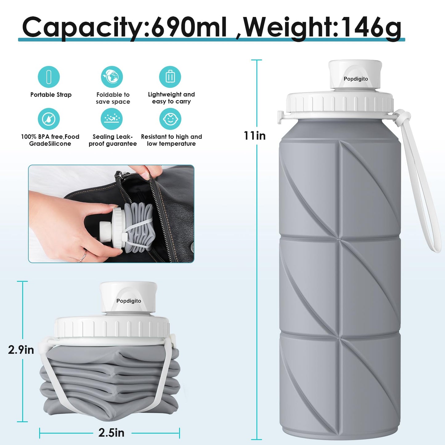 Popdigito Collapsible Water Bottle Foldable Silicone Travel Water Bottle Leakproof Flexible BPA Free Portable,Folding Water Bottle Lightweight for Camping, Hiking,Sports Water Bottles Travel 23oz