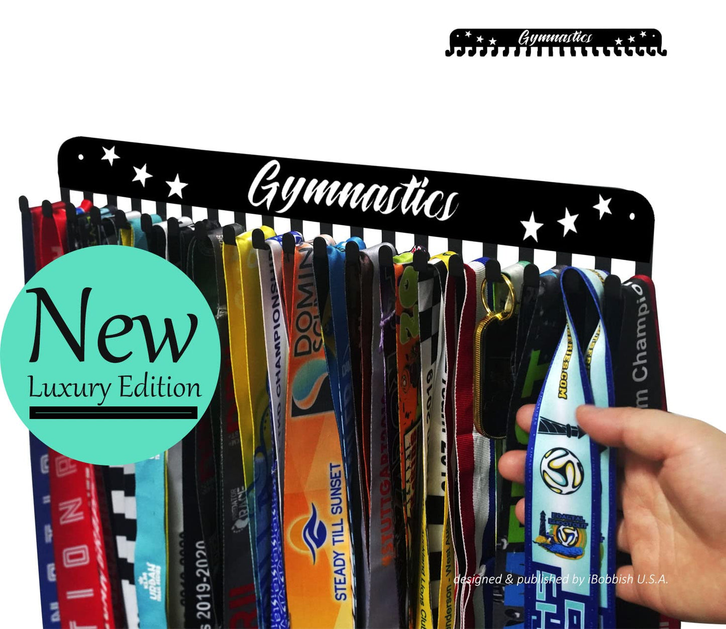 iBobbish Premium Gymnastics Medal Holder Display Rack with 20 Hanging Hooks,Gymnastics Medal Holder For Wall with 16inchL,Upgraded Gymnastics Medal Holder with Simple Design For Girls & Boys in Black