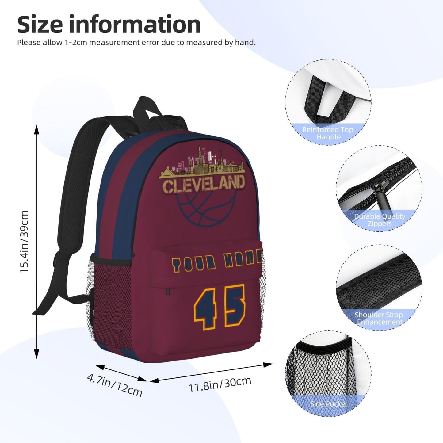 Jvpprds Cleveland Custom Backpack for Boys Personalized Schoolbag Customized Bag with Name Numbers Fans Gifts