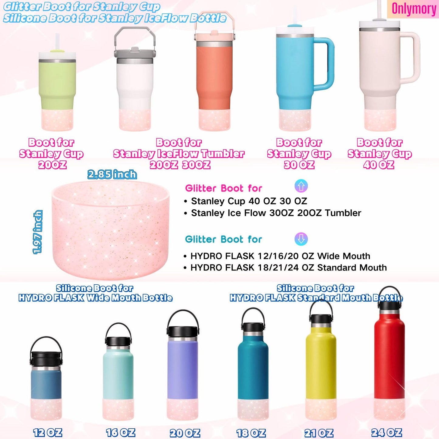 Silicone Boots for Stanley Cup 20-40 OZ, Glitter Boot for Stanley IceFlow 20 30 OZ, Bottom Protector Sleeve for Hydroflask 12-24 OZ Sports Water Bottle Boot Accessories (Clear Peach Pink)
