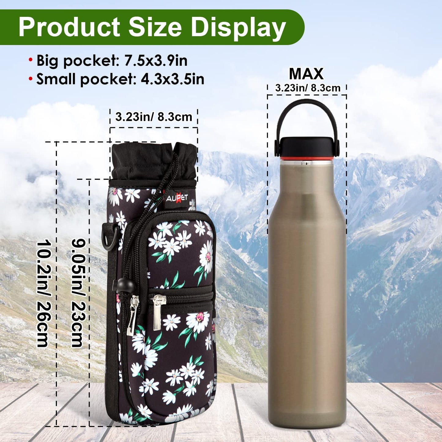 AUPET Water Bottle Sling Bag Sleeve Holder Carrier 25/32/40/64 oz,Insulated Crossbody Water Bottle Case Cover with Strap and Pockets for Men/Women Walking Hiking Camping (25oz, white flowers)
