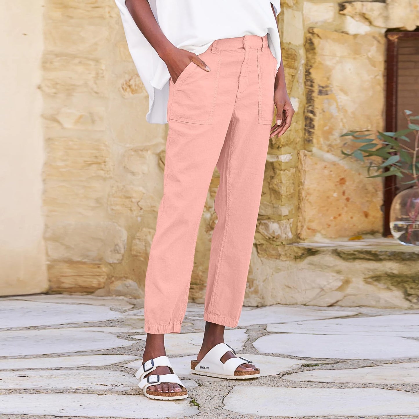 Linen Joggers for Women Casual Cropped Linen Pants High Waisted Tapered Leg Jogger Pants with Pockets Utility Ankle Length Chino Pants Cinch Bottom Trousers Petite Harem Pants Baggy Jogger Scrubs