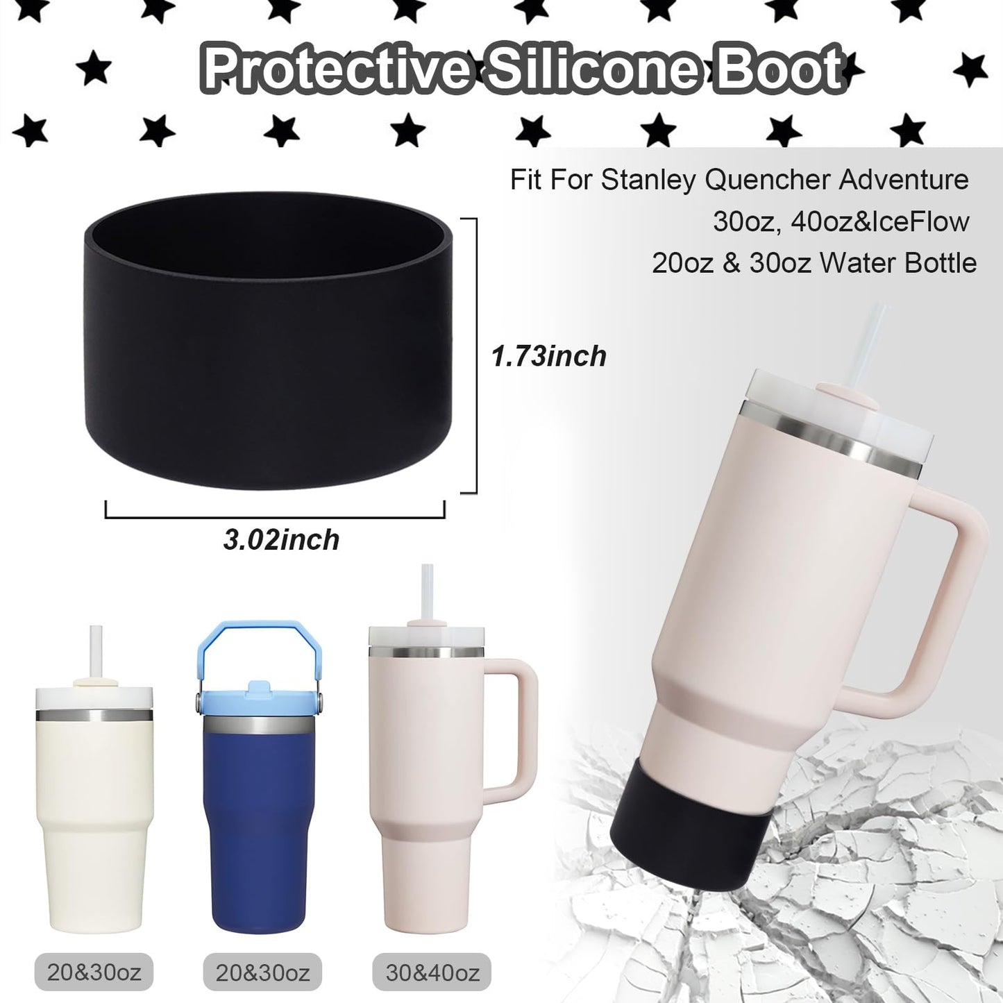 VirgoCCY 5PCS Stanley Cup Accessories Set 30&40 Oz, includes 1pcs 0.4in Straw Covers, 1 Water Bottle Handle Strap, 2 Cute Love Heart Chain Hanging Charms and 1 Silicone Boot, Black Star