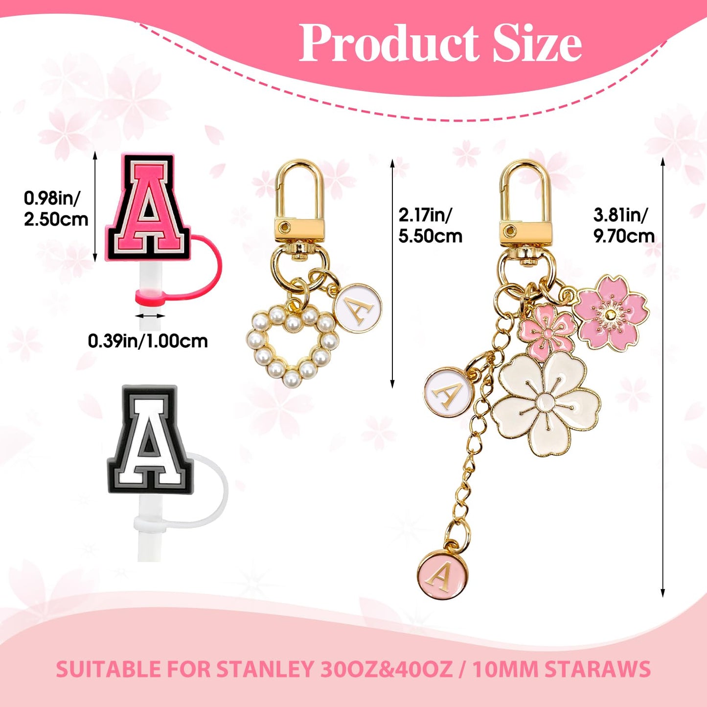 Lingdeer Water Bottle Handle with 2Pcs Letter Charms & 2Pcs Personalized Initial Straw Cover Toppers, Water Bottle Holder Lanyard Sling Carrier Strap, Suitable for 30&40 Oz Stanley Cup Accessories (A)