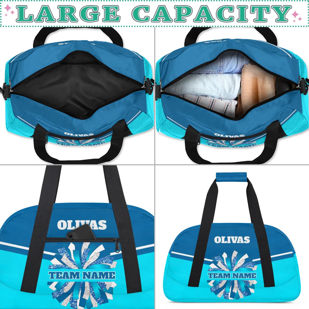 Personalized Cheerleader Bag Dance Bag for Girl, Custom Team Bag Gym Bag Sport Duffel Bag, Weekender Bags Travel Bag for Cheer Team Blue Sliver Cheer