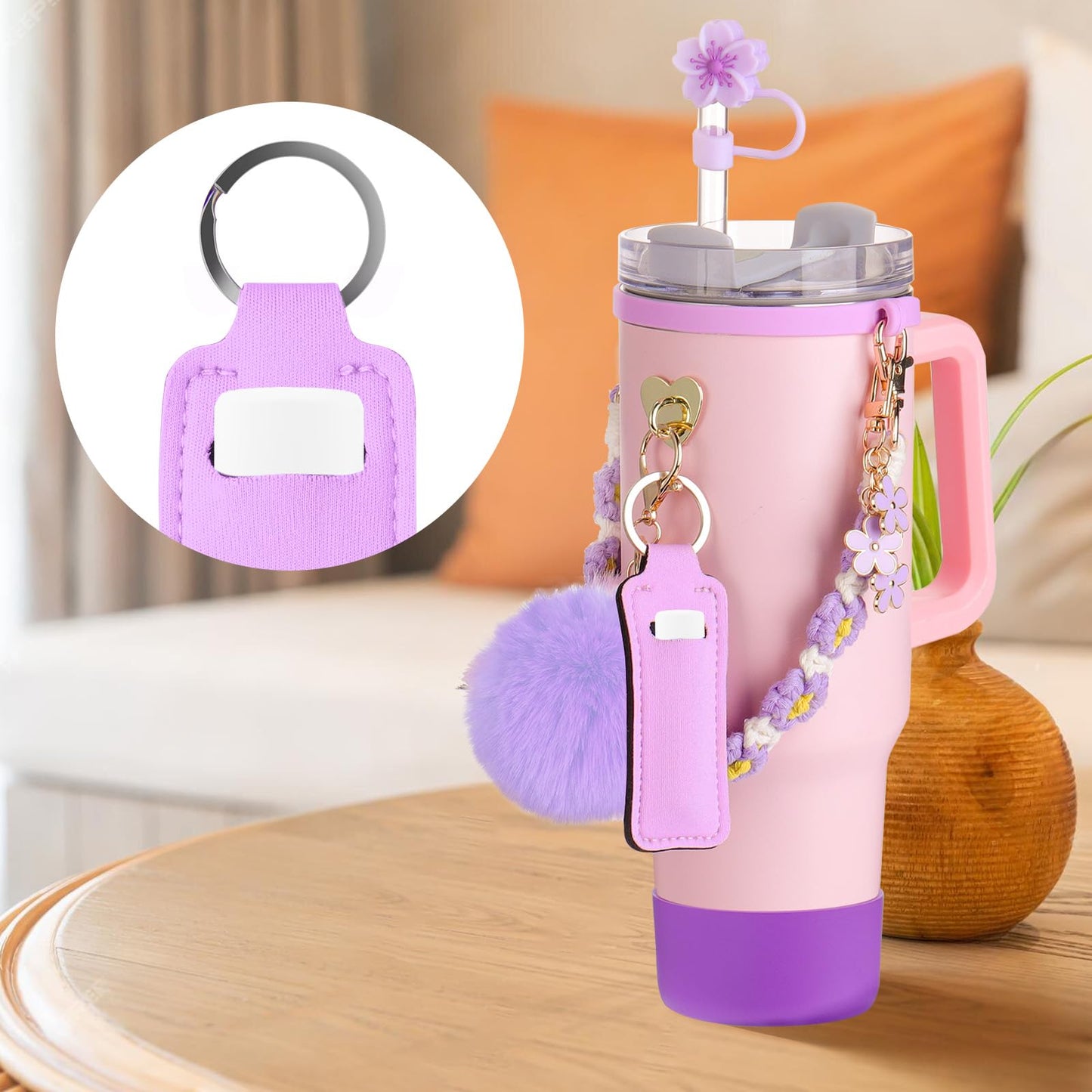 Mity rain 8PCS Cup Accessories for Stanley Cup 30oz 40oz Tumbler with Handle, Including Water Bottle Handle Strap, Chapstick Holder, Boot, Keychain Charms, Straw Topper Cover Cap for Stanley (Purple)