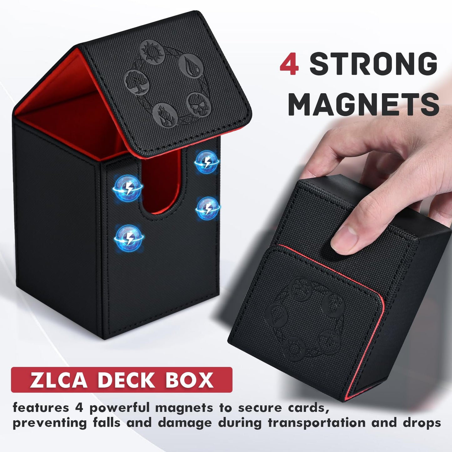 ZLCA Card Deck Box for Trading Cards with 2 Dividers, Card Storage Box Fits 100+ Single Sleeved Cards, PU Leather Strong Magnet Card Deck Case Holder for Magic Commander TCG CCG (Black&Red)