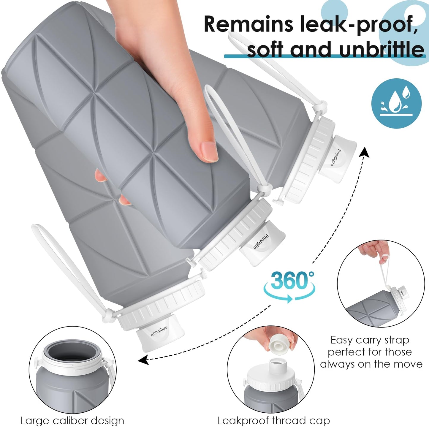 Popdigito Collapsible Water Bottle Foldable Silicone Travel Water Bottle Leakproof Flexible BPA Free Portable,Folding Water Bottle Lightweight for Camping, Hiking,Sports Water Bottles Travel 23oz