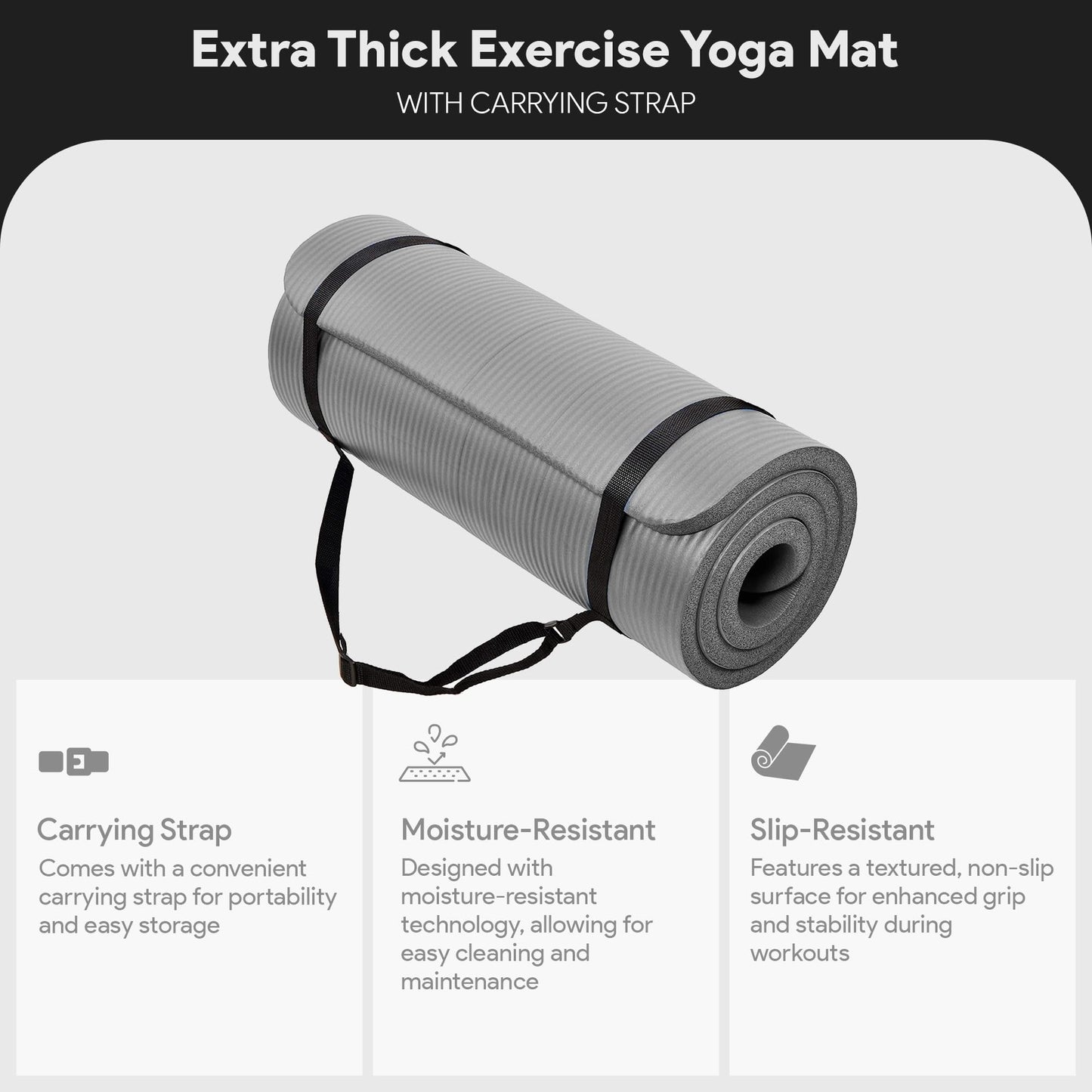 BalanceFrom All-Purpose 1-Inch Extra Thick High Density Anti-Tear Exercise Yoga Mat with Carrying Strap (Gray)