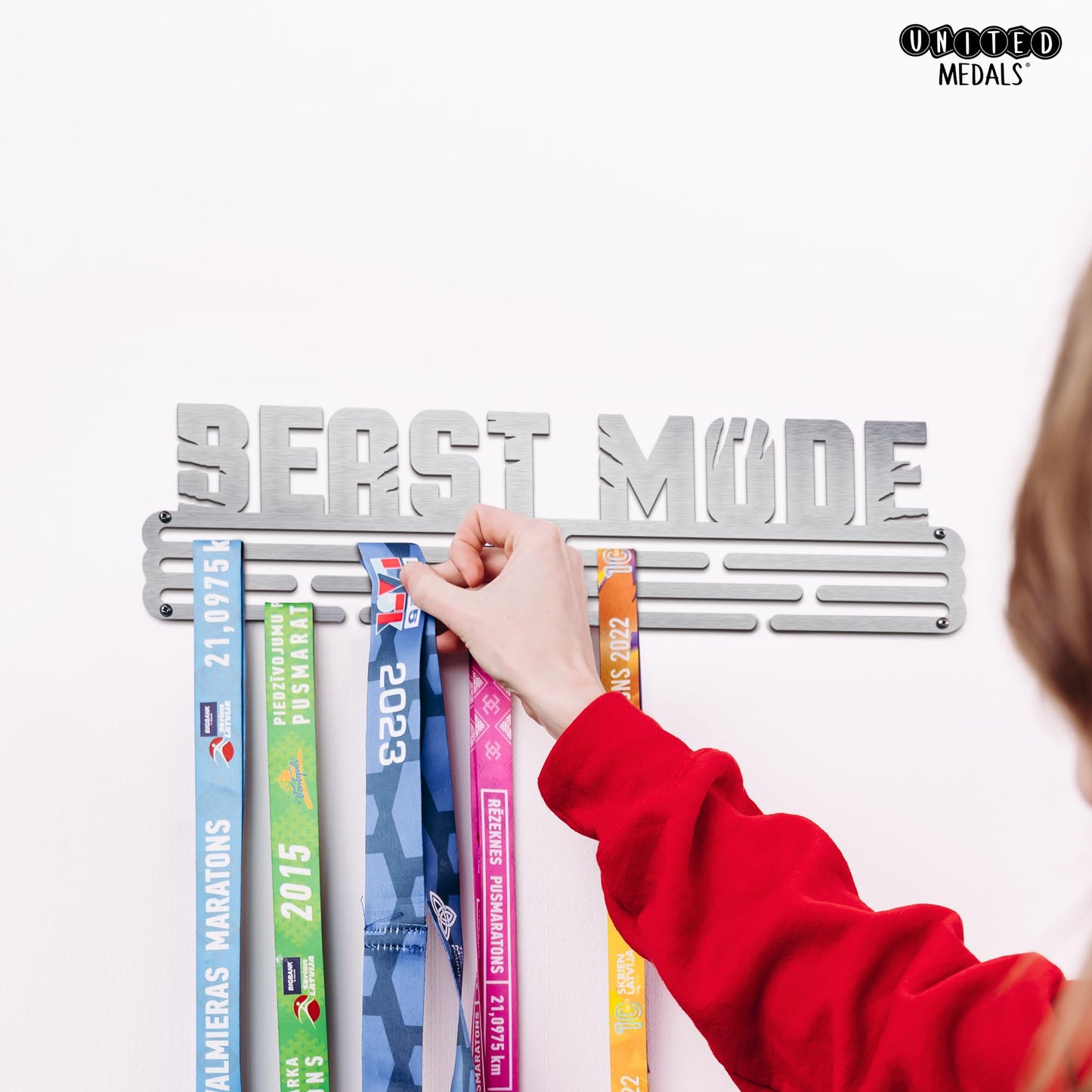 Sports Medal Hanger Display Race BEAST MODE | Brushed steel Race Medal Holder Awards Wall Mount | Running Marathon Race Medal Display for Wall | Steel medal holder for wall holds up to 48 Medals
