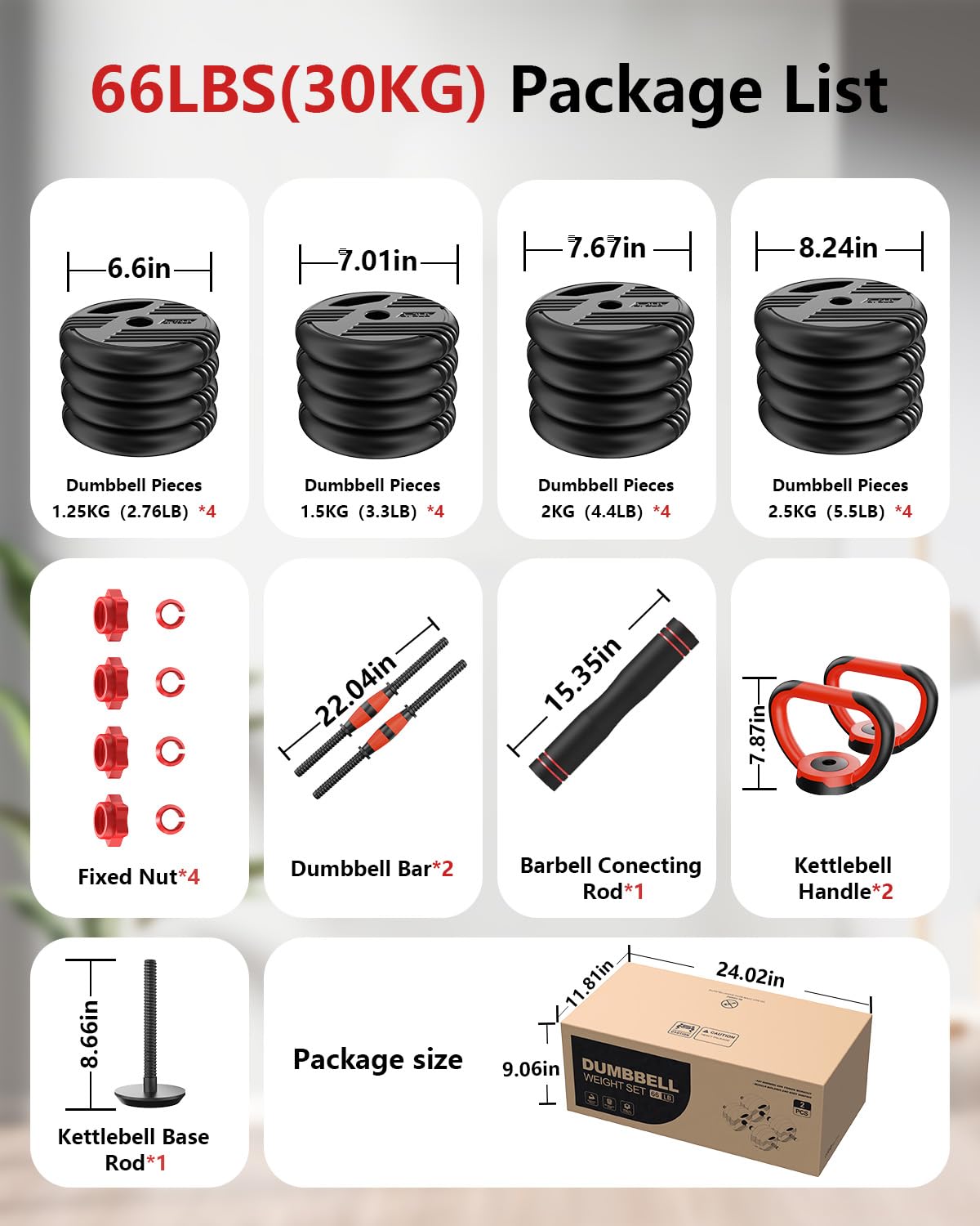 UNNMIIY Adjustable Dumbbell Set, 22LB/44LB/66/88LB Weights, 4-in-1 Dumbbell Set with Connector for Home Gym , Used as Dumbbell, Kettlebell, Barbell, Push-up Stand, Fitness Equipment for Men/Women (66, LB)
