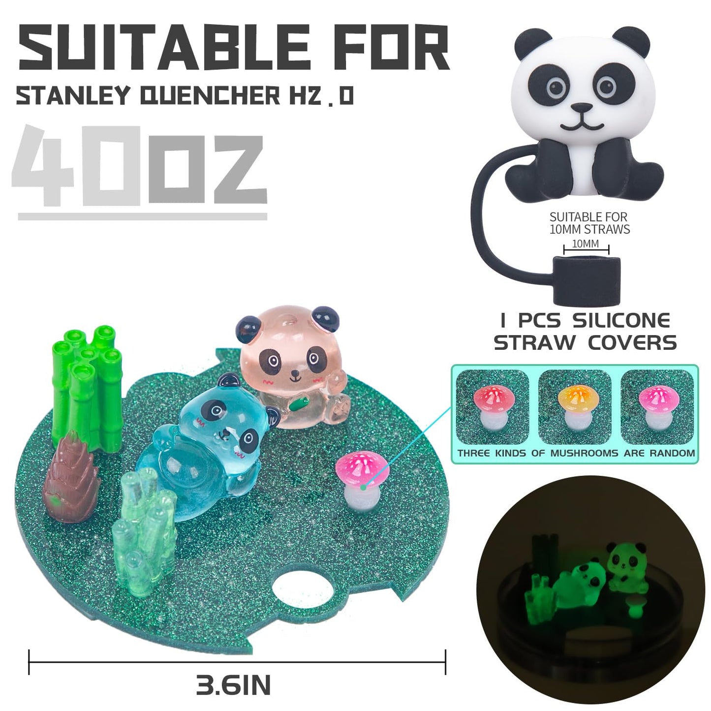 Compatible with Stanley Cup Lid Accessories Charms, Charms for Stanley Cups H2.0 Accessories 30oz 40oz with Silicone Straw Cover Cap for Tumblers (Panda, 40oz)
