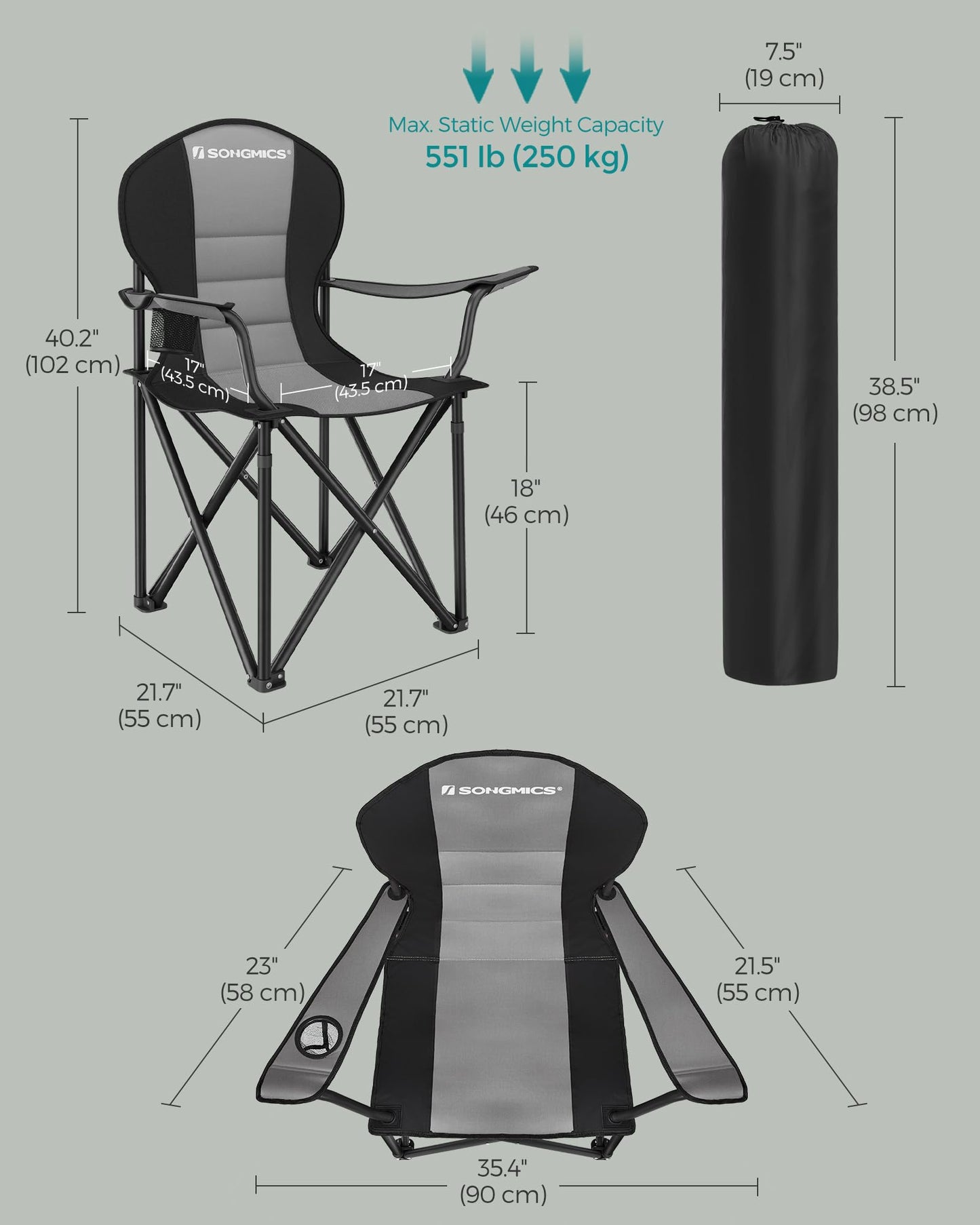 SONGMICS Folding Camping Chair Set of 2, Supports 551 lb per Chair, with Comfortable Sponge Seat, Heavy Duty Structure, Cup Holder, Outdoor Picnic Chair, Grey and Black UGCB206G01