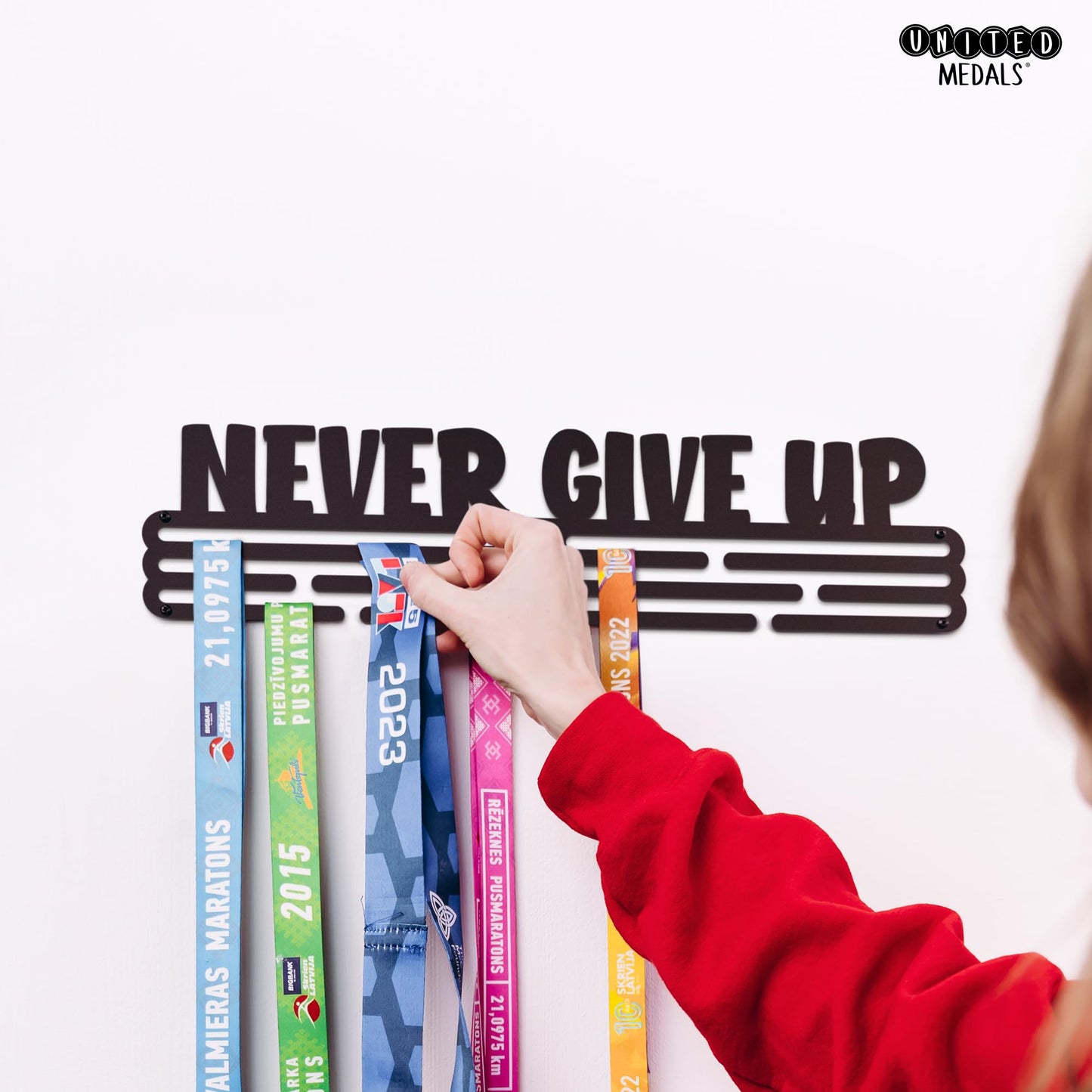 Sports Medal Hanger Display Race NEVER GIVE UP | Black Race Medal Holder Awards Wall Mount | Running Marathon Race Medal Display for Wall | Steel medal holder for wall holds up to 48 Medals