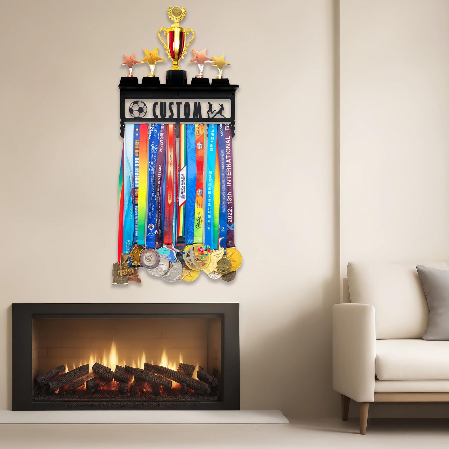 Goutoports Personalized Medal Hanger with Trophy Shelf and Custom Name Display Rack for Awards Ribbons and Trophies - Metal Holders - Holds Up to 60 Medals and Trophies - Gift for Athlete Sport Fan