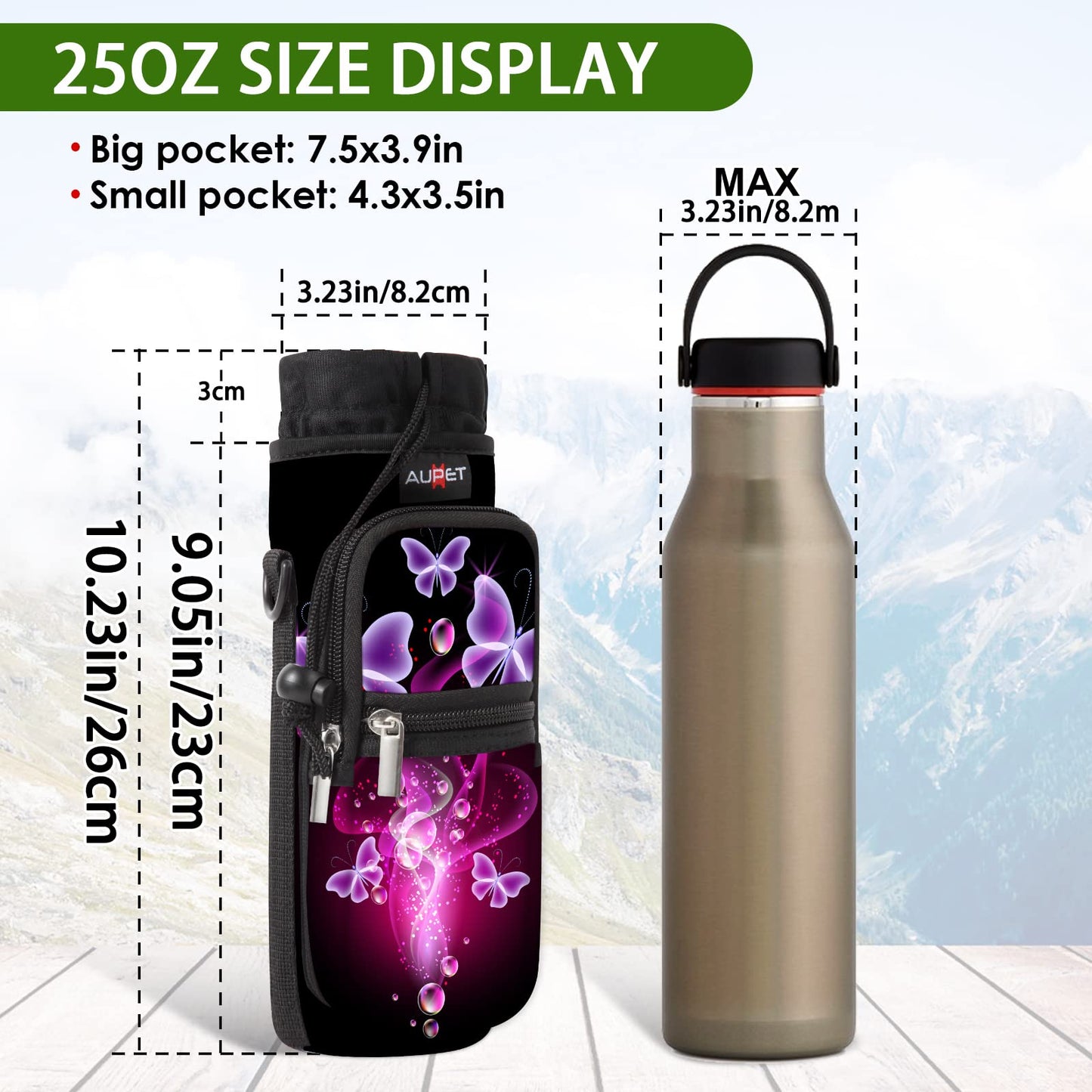 AUPET Water Bottle Sling Bag Sleeve Holder Carrier 25/32/40/64 oz,Insulated Crossbody Water Bottle Case Cover with Strap and Pockets for Men/Women Walking Hiking Camping (25oz, Green camouflage)