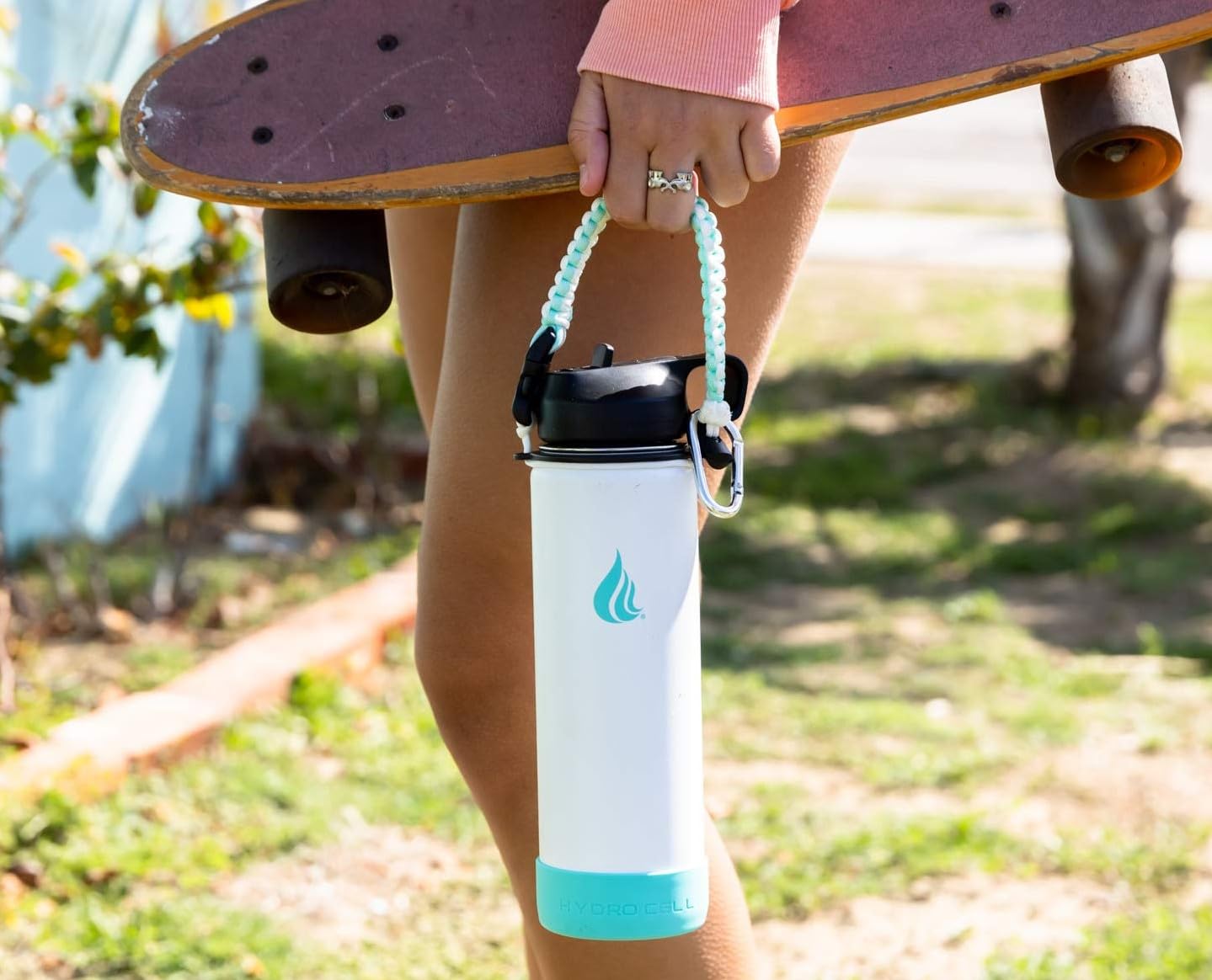HYDRO CELL Paracord Handle for Wide Mouth Water Bottles - Carrier Strap w/Attachment Ring and Carabiner Accessory. Compatible w/ 64oz, 40oz 32oz, 24oz, 18oz, 14oz Insulated Bottles (Teal/White)