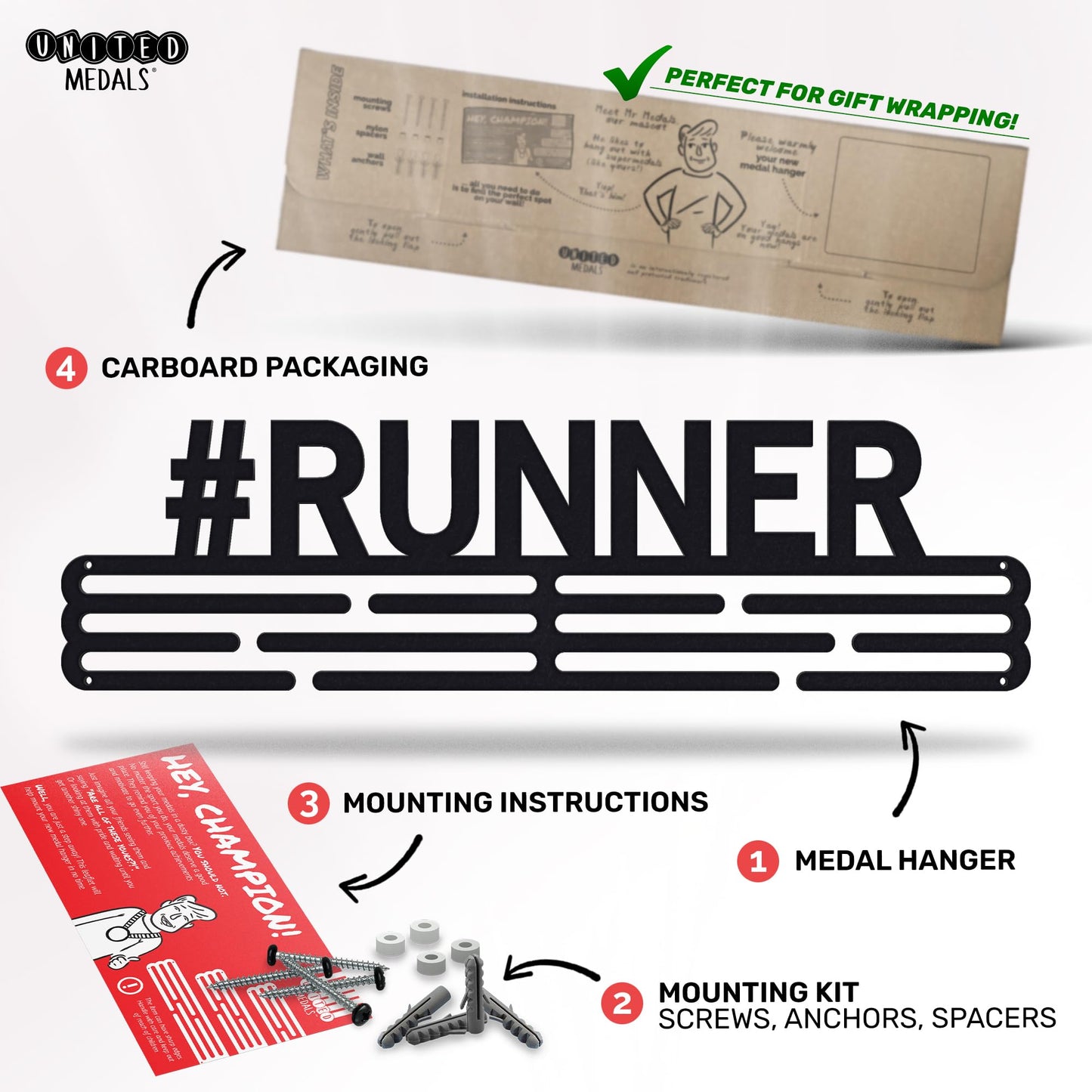 Sports Medal Hanger Display Race #RUNNER | Black Race Medal Holder Awards Wall Mount | Running Marathon Race Medal Display for Wall | Steel medal holder for wall holds up to 48 Medals