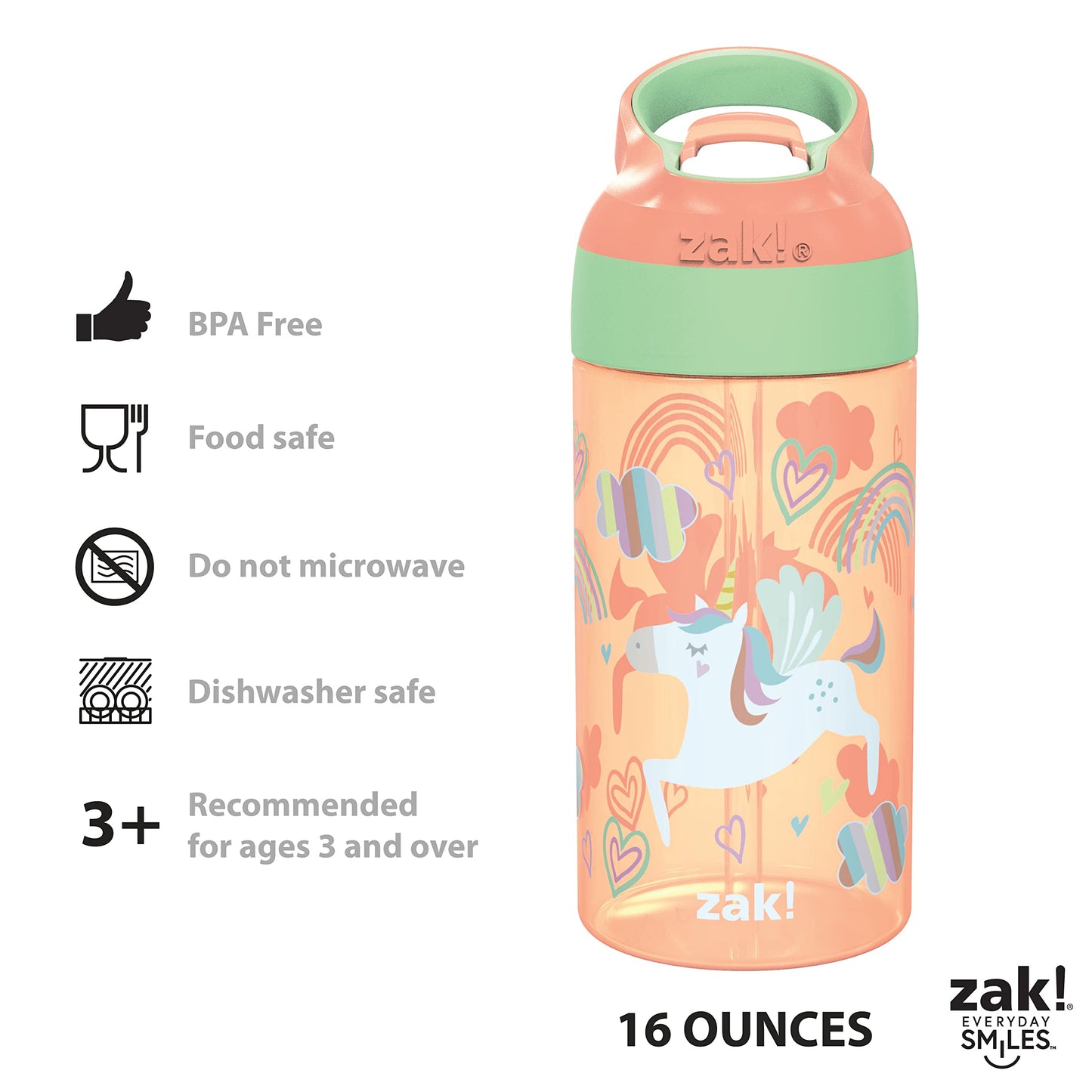 Zak Designs 16oz Riverside Kids Water Bottle with Spout Cover and Built-in Carrying Loop, Made of Durable Plastic, Leak-Proof Design for Travel (Unicorn & Shells, Pack of 2)