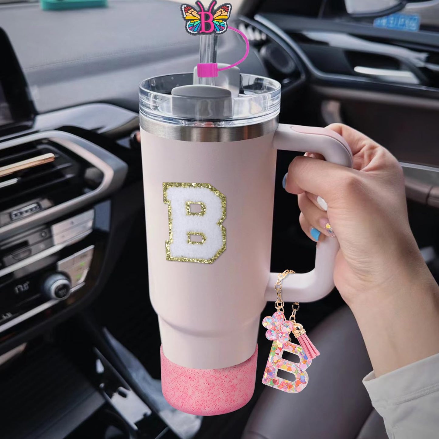 LA KEN DU Use for Stanley Cup Accessories Charms 40oz 30oz,Compatible with Stanley Cup Letter Charms for Handle Silicone Boot,Straw Cover Topper & Sticker(B)