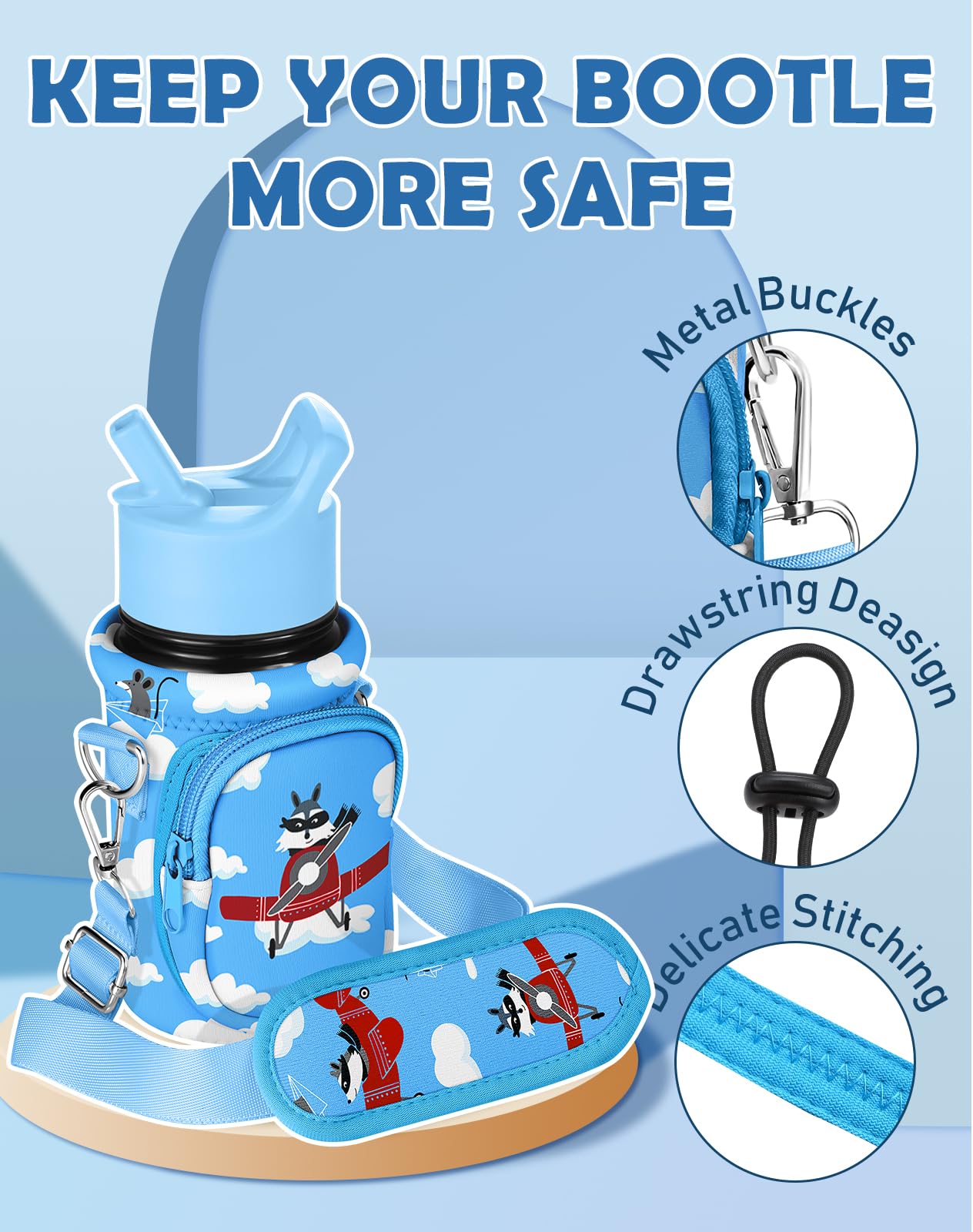 Water Bottle Carrier with Strap Cartoon Water Bottle Bags Holder for Kids Boys Girls Neoprene Insulated Bottle Bag for 10/12/14/16/18Oz Stainless Steel Glass Bottles Sleeve, Airplane Raccoon