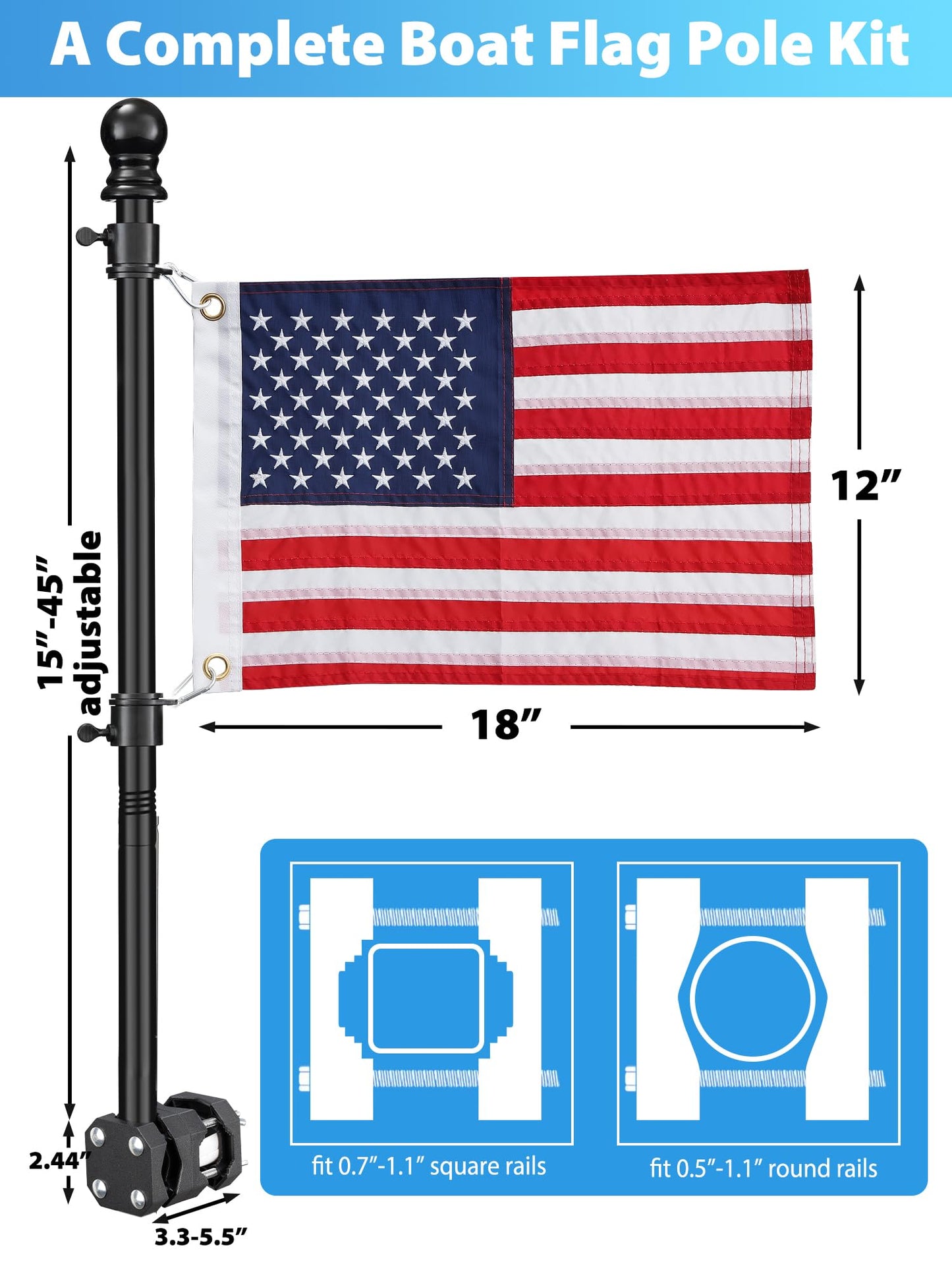 Boat Flag Pole, Pontoon Boat Accessories Flag Pole Kit with 12”x18” American Flag, 45 in Flag Pole, Holder Mount for 0.5"-1.1" Rails, Tangle Free Rings, Metal Black Marine Flags Pole for Yacht, 2 Pack