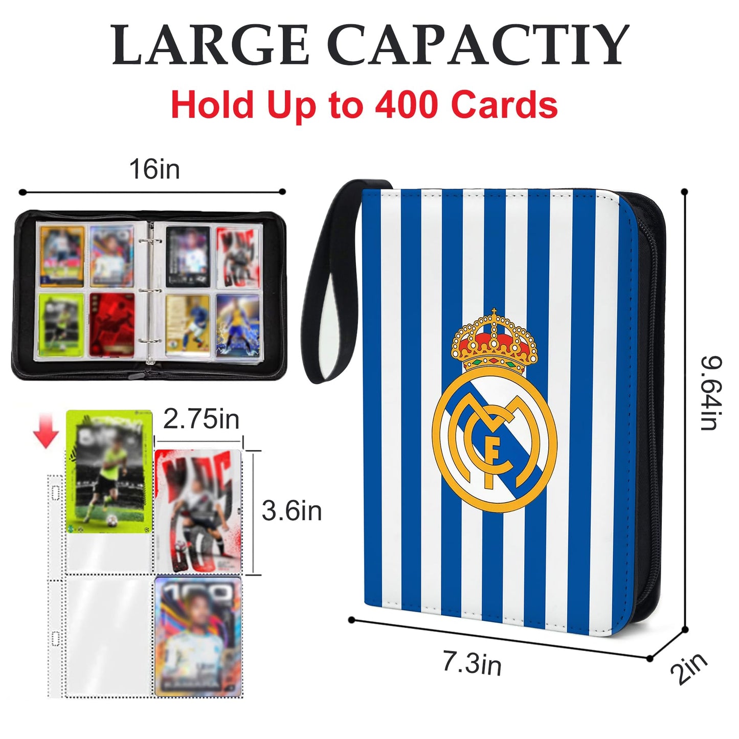 400 Pockets Soccer Card Binder,Gifts for Soccer Trading Cards Collectors,Portable Waterproof Card Storage Bag with Removable Sleeves,Compatible with Soccer,Football,Sports Game and TCG Cards