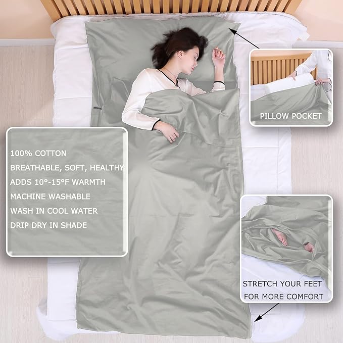 100% Cotton Sleeping Bag Liner with Full Length Zipper on 3 Sides; Single/Double Adult Sleep Sack for Travel & Camping, Multifunctional Travel Sheets (Unzipped 87”x87”) for Hotel, Lightweight
