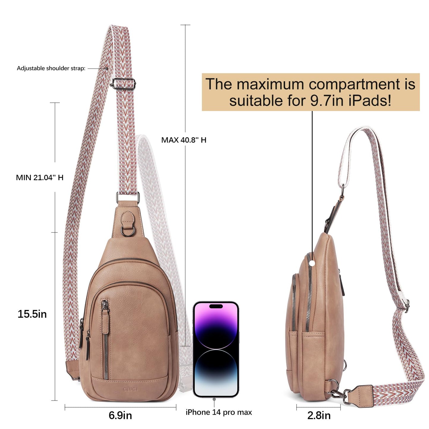 CLUCI Sling Bag for Women Leather Cross Body Bag for Woman Crossbody Bag Large Sling Backpack for Travel Hiking Cycling